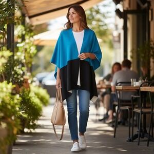 NWT Mia Reis Reversible Knit Wrap Turquoise Black Colorblock Poncho Shawl OS